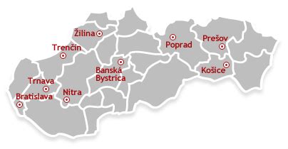 Mapa Slovenska s vyznačenými mestami Prešov, Trenčín, Rožňava, Bratislava, Banská Bystrica