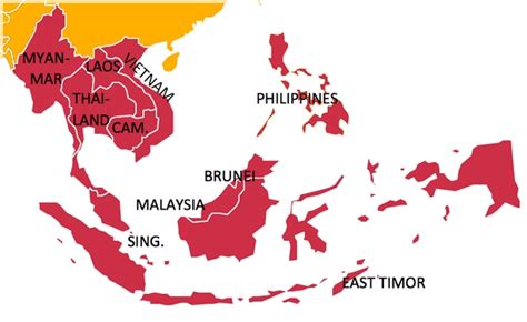 Mapa juhovýchodnej Ázie s dôrazom na Thajsko