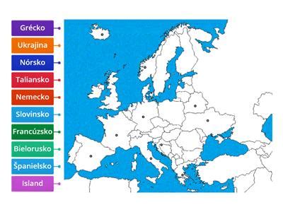 Mapa Európy s označenými krajinami EÚ