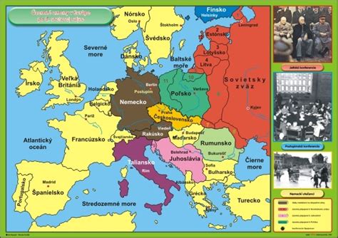Mapa Európy s vyznačenými hranicami po druhej svetovej vojne