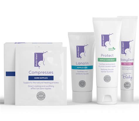 Obrázok znázorňujúci rôzne produkty pre starostlivosť o bradavky