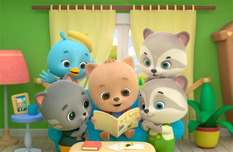 Ilustrácia postavičky Bimi Boo s rôznymi zvieratkami