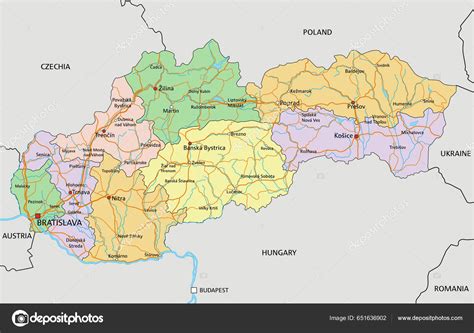Mapa Slovenska s vyznačenými regiónmi a typickou infraštruktúrou