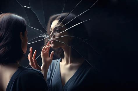 a person looking at their reflection in a broken mirror, with faint wings visible