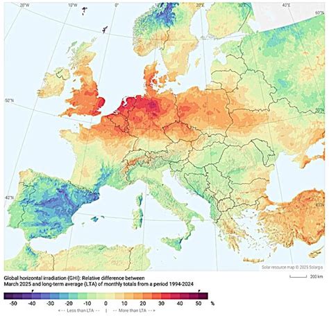 Mapa zobrazujúca intenzitu slnečného žiarenia v Európe počas zimných mesiacov